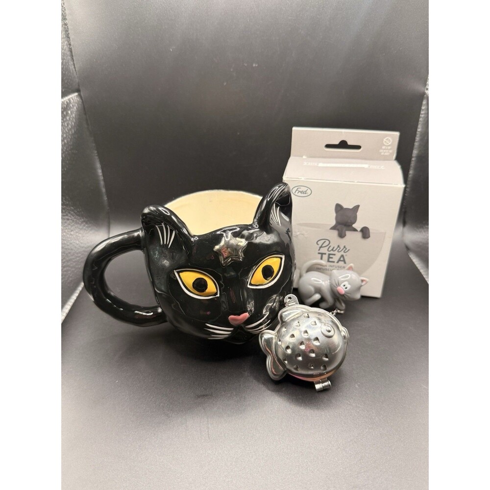 Anthropologie Francesca's Black Cat Mug Fred Purr Tea Infuser Strainer Lot